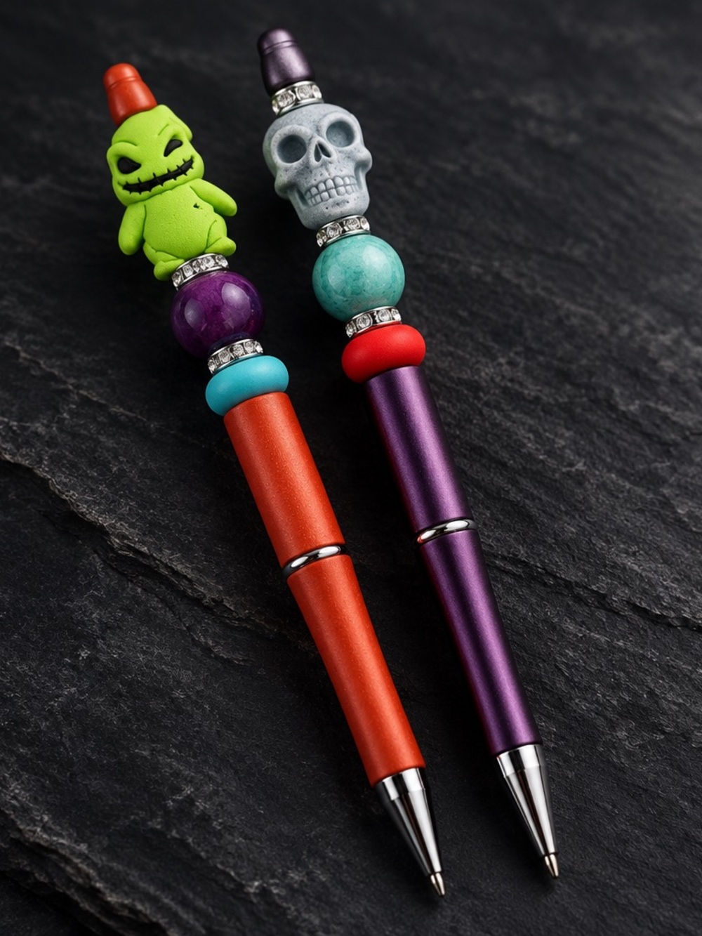 Handmade Decorative Bead Top Pens (2) - Purple & Orange